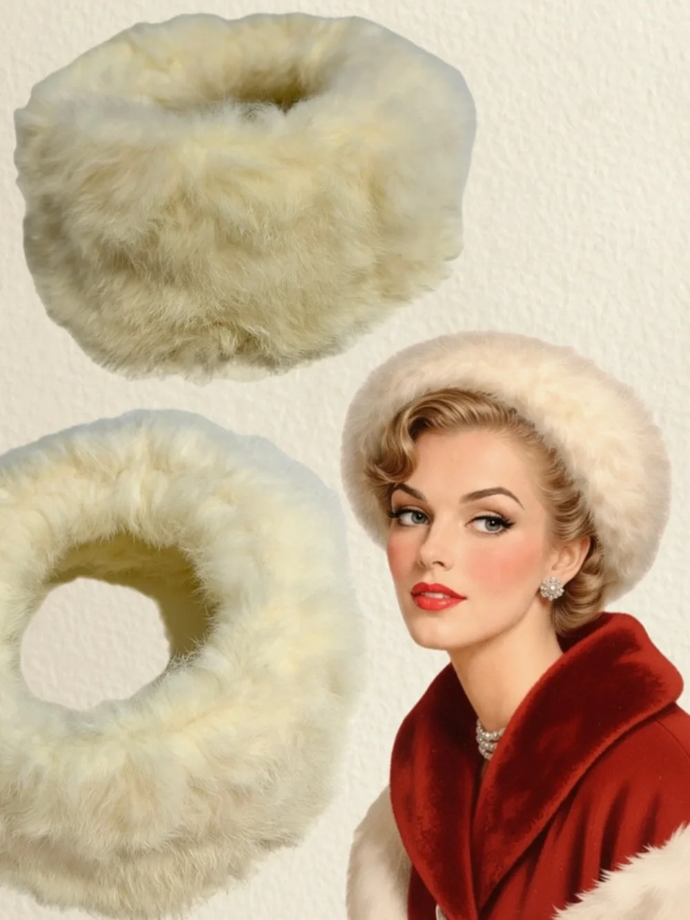 VINTAGE mid century MCM fur hat open center ring winter white 50a 60s - Picture 1 of 7